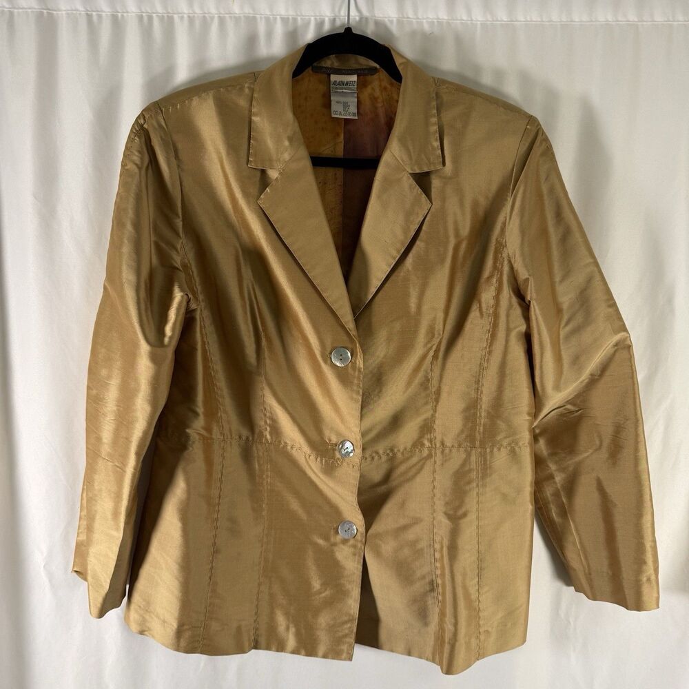 Alain Weiz 100% Silk Blazer Women's 16 Yellow 3 Button Front Shoulder Pads